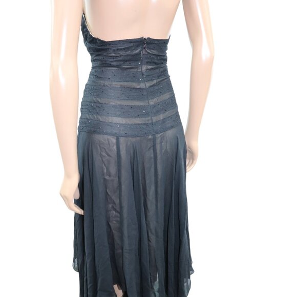 Y2K BCBGMaxazria Midi Dress Whimsigoth Silk Lace Gown Black Halter Neck 8 - Picture 3 of 7